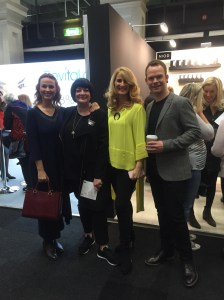 Nikki Taylor with QVC TV presenters Catherine Huntley, Claire Sutton and Will Gowing
